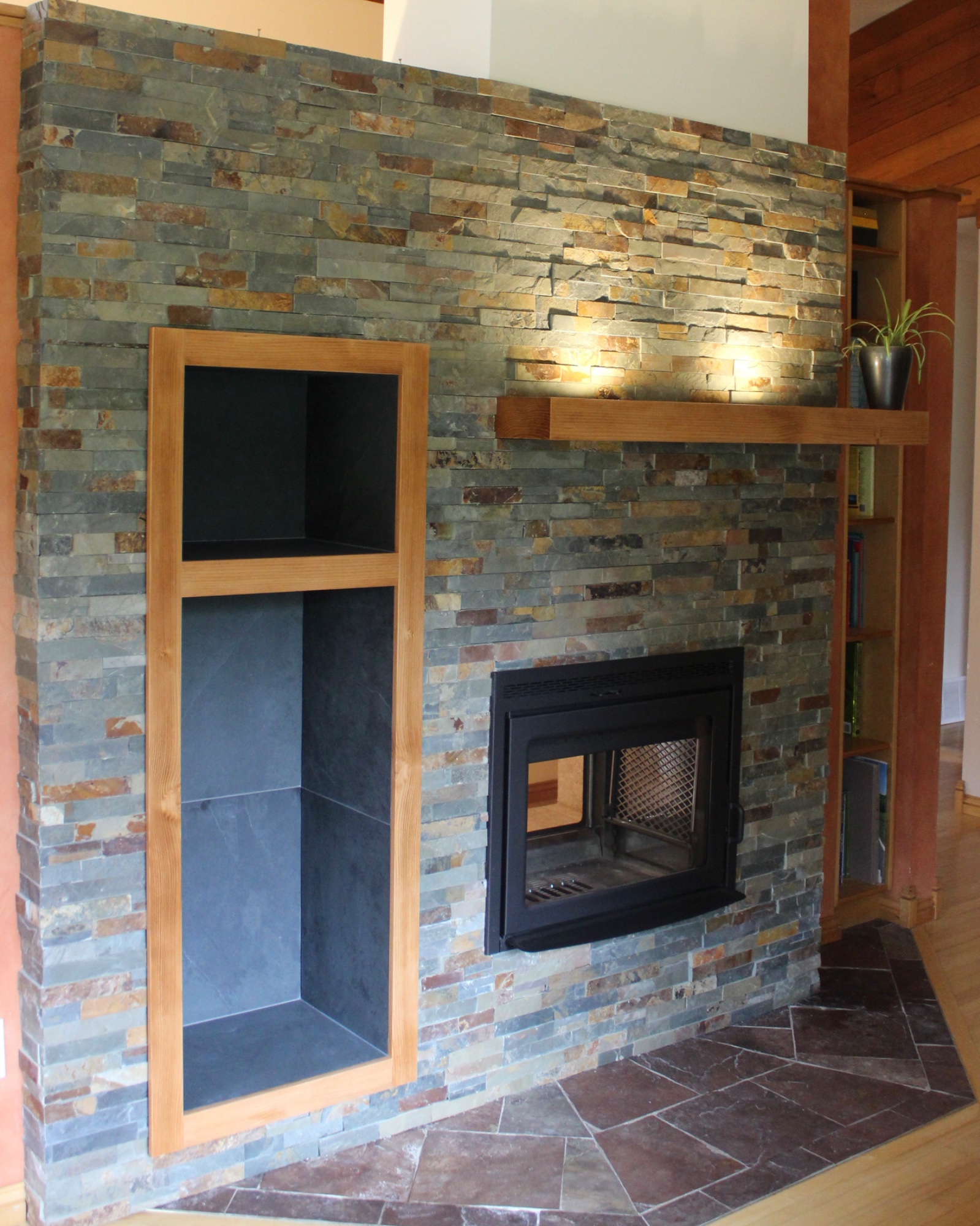 Multicolour Stacked Stone Fireplace – Slate Hearth